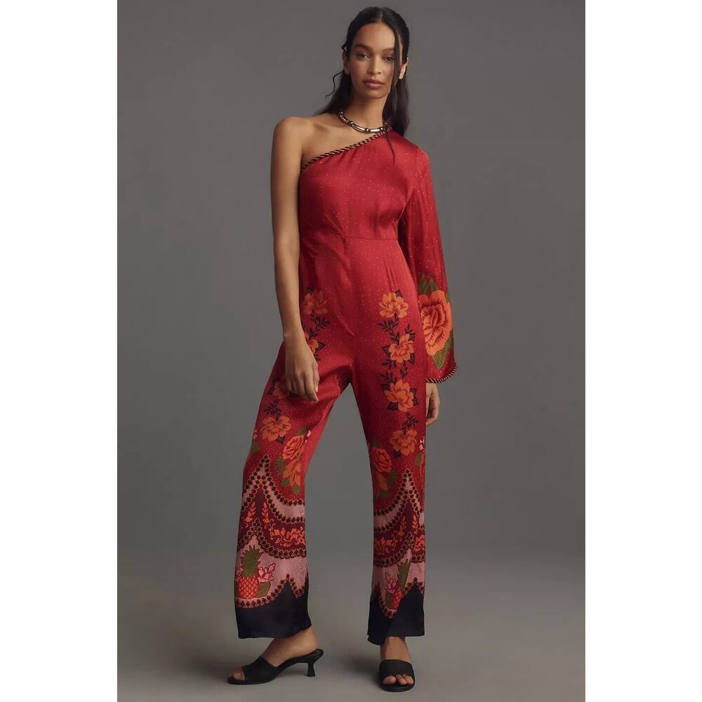 NWD Farm Rio x Anthropologie One-Shoulder Printed Satin Jumpsuit Sz S Red MB432